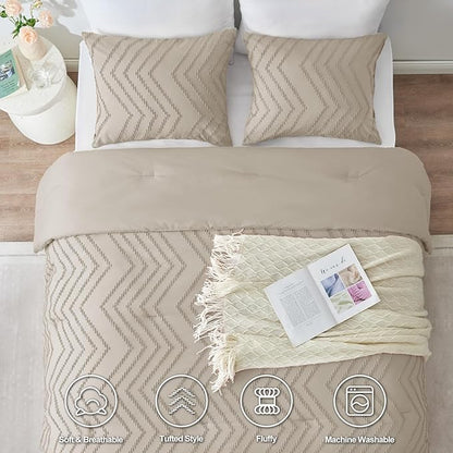 CozyLux Full Size Comforter Set Beige - 3 Pieces Boho Tufted Shabby Chic Bedding Comforter Set for All Seasons, Chevron Bedding Sets with Comforter & 2 Pillow Shams