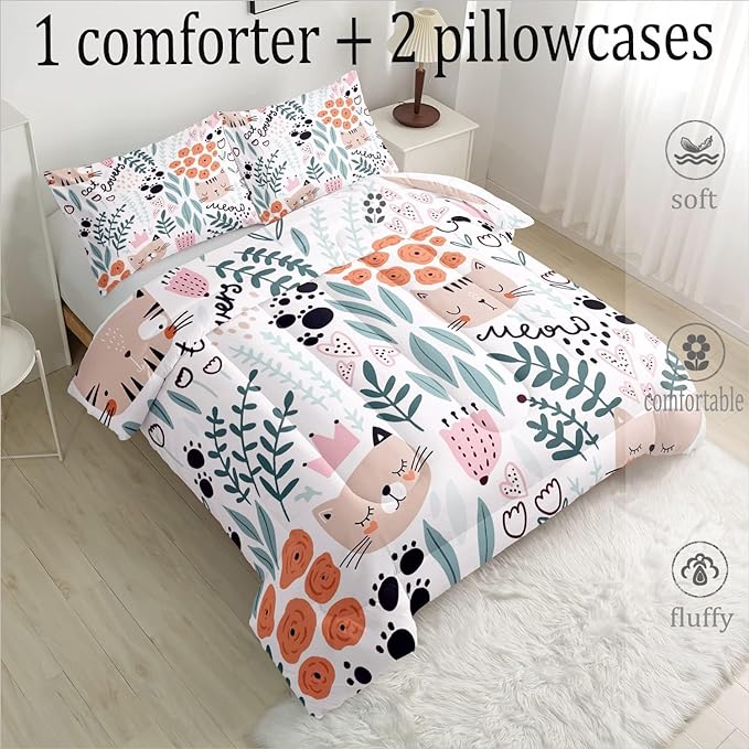 CVHOUSE Cat Bedding,Cartoon Cat Comforter Full,Animals Print Comforter Set for Kids,Kawaii Quilt Set with 1 Comforter and 2 Pillow Cases