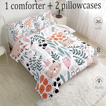 CVHOUSE Cat Bedding,Cartoon Cat Comforter Full,Animals Print Comforter Set for Kids,Kawaii Quilt Set with 1 Comforter and 2 Pillow Cases
