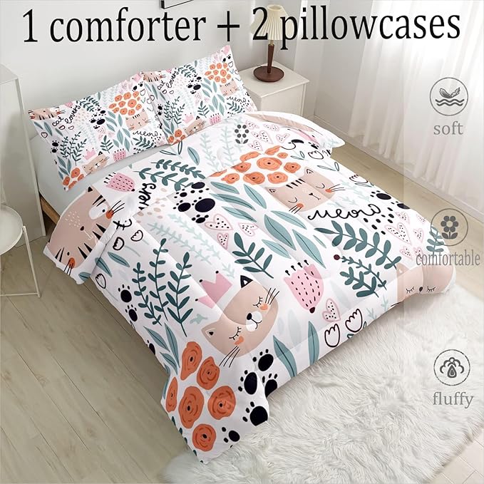 Cat Bedding,Cartoon Cat Comforter Twin,Animals Print Comforter Set for Kids,Kawaii Quilt Set with 1 Comforter and 2 Pillow Cases