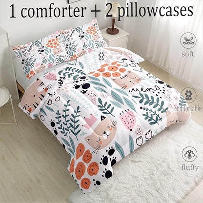 Cat Bedding,Cartoon Cat Comforter Twin,Animals Print Comforter Set for Kids,Kawaii Quilt Set with 1 Comforter and 2 Pillow Cases