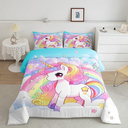 Manfei Cute Unicorn Kids Comforter Set Full Size,Rainbow Stars Cloud Dreamy Bedding Set,Girls Women Room Decor,Cartoon Animals Castle Girly Down Comforter,Pink Blue Unique Duvet Insert,2 Pillowcases