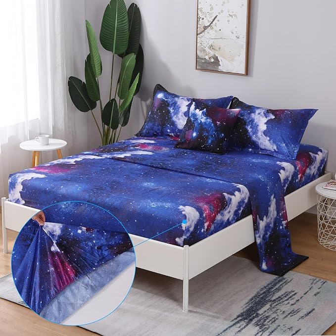 JQinHome Queen Galaxy Comforter Sets 6 Piece Bed in A Bag, Outer Space Themed Bedding for Children Boy Girl Teen Kids - (1 Comforter, 1 Flat Sheet, 1 Fitted Sheet, 2 Pillowshams, 1 Cushion Cover)