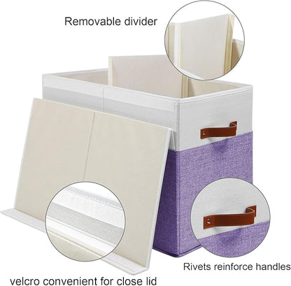 Large Toy Storage Box with Lid, Sturdy Toys Storage Chest Bin Organizer Basket with Dividers for Kids, Boys, Girls, Nursery, Closet, Bedroom, Playroom 25"x13" x16" (Purple and White)