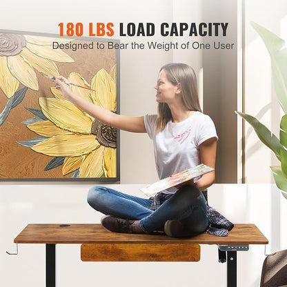VEVOR Height Adjustable Desk, 47.2 x 23.6 in with Drawer, 3-Key Modes Electric Standing Desk,Whole Piece Desk Board, Dual Metal Frame, 180 LBS Capacity Computer Sit Stand up Desk, for Home and Office