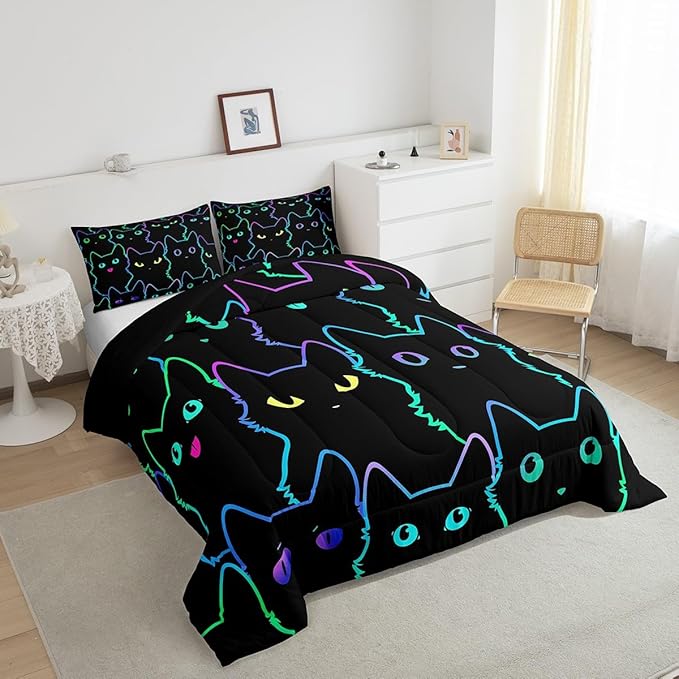 Erosebridal Boys Bedding Cartoon Cat Comforter Set Queen Size,Gradient Line Cute Cat Bedding Set for Kids Teens Girls Adults Room Decor,Lovely Animal Kitten Print Comforter All Season,Rainbow Black