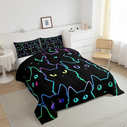 Erosebridal Kids Bedding Cartoon Cat Comforter Set Twin Size,Gradient Line Cute Cat Bedding Set for Teens Boys Girls Adults Room Decor,Lovely Animal Kitten Print Comforter All Season,Rainbow Black
