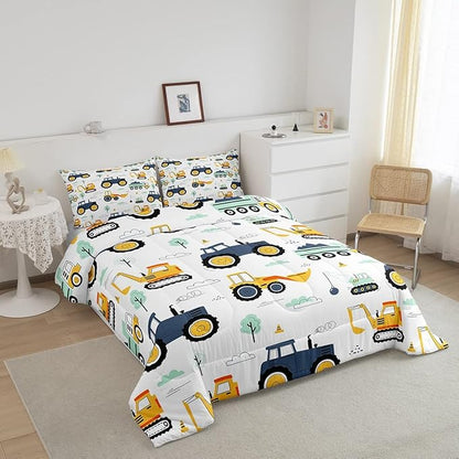 Tractor Comforter Set Queen, Cartoon Truck Bedding Set for Boys Girls Teens, Construction Tractor Down Comforter, Bulldozer Crane Equipment Duvet Set, Kawaii Vehicle Car Theme Comforter, Yellow Blue