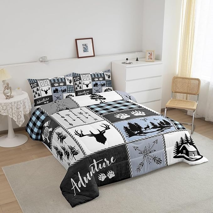 Deer Bear Kids Comforter Set Queen Size,Hunting Adventure Rustic Farmhouse Bedding Set for Boys Girls Adults Room Decor,Geometric Plaid Patchwork Down Comforter,Blue Xmas Duvet Insert,2 Pillowcases
