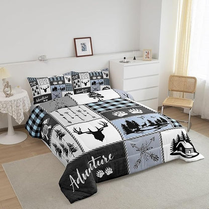 Deer Bear Kids Comforter Set Queen Size,Hunting Adventure Rustic Farmhouse Bedding Set for Boys Girls Adults Room Decor,Geometric Plaid Patchwork Down Comforter,Blue Xmas Duvet Insert,2 Pillowcases