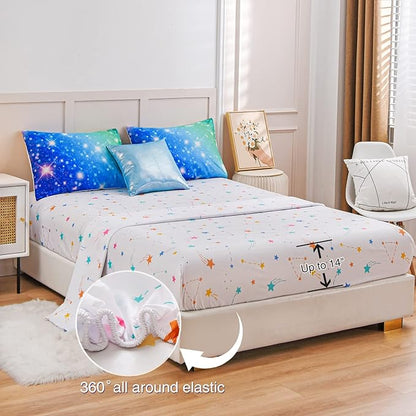 A Nice Night 6Pcs Gradient Glitter Bedding Set for Girls, Colorful Rainbow Galaxy Comforter Set, Ultra Soft Bedding Sets (Blue-Green,Queen 6Pcs)