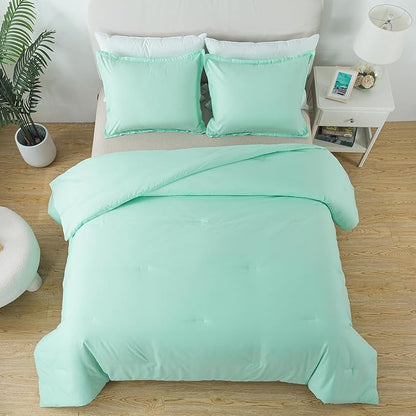 Full Size Sage Green Comforter Set, Solid Lightweight Down Alternative Soft Boho Bedding Comforter Set, Fluffy Microfiber Skin-Friendly Comforter for All Seasons with Pillowcases