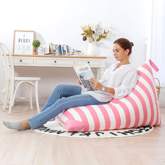 Aubliss Stuffed Animal Storage Bean Bag Chairs Cover, 50"x 35" Extra Large Bean Bags Chair for Kids & Adults, Beanbag Toy Storage for Boys Girls - Premium Cotton Canvas Pink Stripe