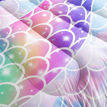 Datura home Bedding Comforter Set Rainbow Purple Mermaid Tail Printed Comforter Set with 1 Comforter and 2 Pillowcases for Girls Bedroom All Season(Rainbow Purple Twin)
