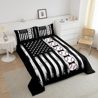 Feelyou Baseball Comforter American Flag Comforter Set Kids Boys Baseball Sports Games Bedding Set Children Girls Teens Black and White Ball Microfiber Quilt Set Room Decor for All Season Twin Size