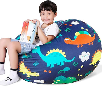 Lukeight Stuffed Animal Storage Bean Bag Chair Cover for Kids, Dinosaur Zipper Beanbag Chair Cover for Organizing Toddler & Kids' Rooms Plush Toys (Dinosaur Navy, X-Large)