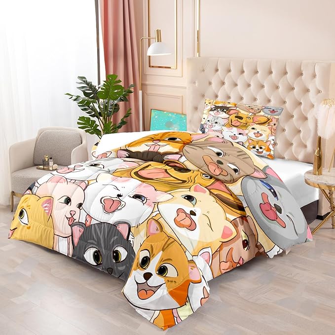 Dog Twin Comforter Set for Boys Bedroom - Dogs Cats Animal Theme Bedding Set for Living Playing Room Ultra Soft Puppy Dogs Kitten Quilt with 1 Pillowcase Kids Room Decor 2Pcs, Twin Size