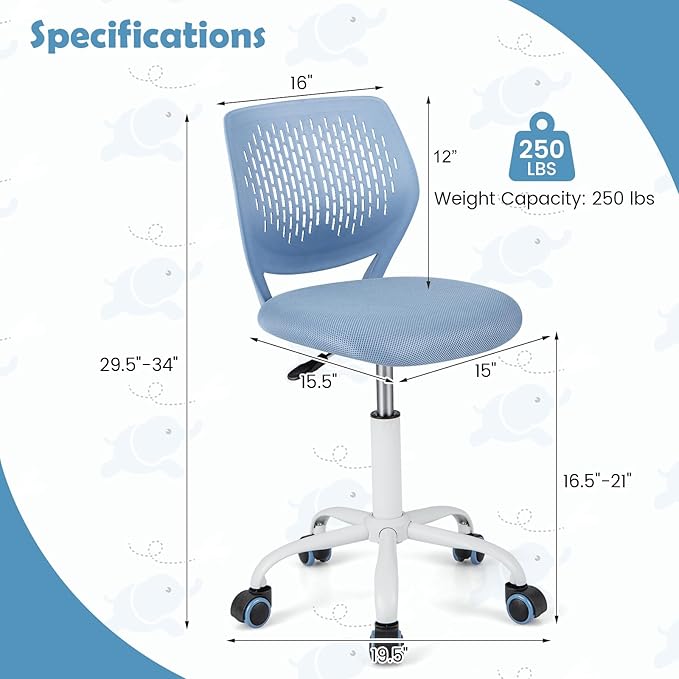 Kids Desk Chair, Blue Ergonomic Kids Office Chair Ages8-12 w/Lumbar Support, Low-Back Teen Desk Chair for Girls Boys, Small Cute Kids Computer Chair for Bedroom/Study/Vanity Desk