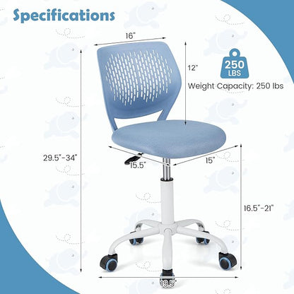 Kids Desk Chair, Blue Ergonomic Kids Office Chair Ages8-12 w/Lumbar Support, Low-Back Teen Desk Chair for Girls Boys, Small Cute Kids Computer Chair for Bedroom/Study/Vanity Desk