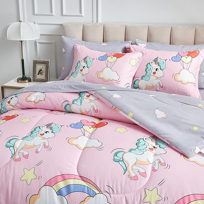 UOZZI BEDDING Kids Girls Bed in a Bag 6 Pieces Twin Size Unicorn Pink Colorful Comforter Set - (1 Soft Microfiber, Reversible Comforter, 2 Pillow Shams, 1 Flat Sheet, 1 Fitted Sheet, 1 Pillowcases)