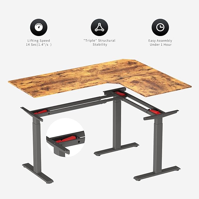 FEZIBO Triple Motor 63" L Shaped Standing Desk, Electric Standing Gaming Desk Adjustable Height, Corner Stand up Desk with Splice Board, Black Frame/Rustic Brown Top