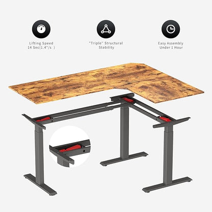 FEZIBO Triple Motor 63" L Shaped Standing Desk, Electric Standing Gaming Desk Adjustable Height, Corner Stand up Desk with Splice Board, Black Frame/Rustic Brown Top