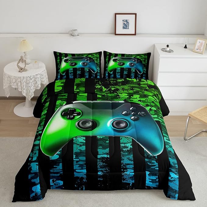 Gamer Comforter Set Queen Kids Boys Teens Usa Flag Stars Down Comforter Gaming Comforter Gamer Room Decor Camo Video Game Bedding Set, Gamepad Console Duvet, Youth Young Man Quilt, Grunge Style