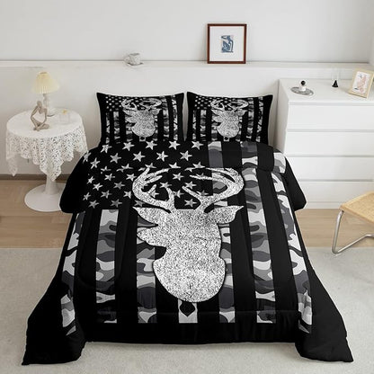 American Flag Bedding Set Deer Camo Comforter Set King for Kids Boys Teen Man,Western Rustic Black Grey Military Camouflage Bedding Comforters Hunting Deer Antlers Quilt Duvet for All Season 3 Pcs