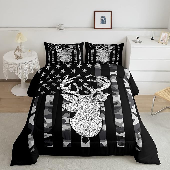 American Flag Bedding Set Deer Camo Comforter Set Queen For Kids Boys Teen Man,Western Rustic Black Grey Military Camouflage Bedding Comforters Hunting Deer Antlers Quilt Duvet For All Season 3 Pcs