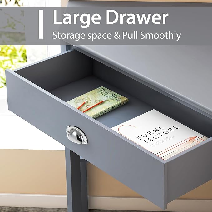Nightcore Small, Wood Computer Desk, Compact Writing w/Drawer & Storage Shelves, Space Saving Study Workstation, Laptop PC Corner Table, Grey