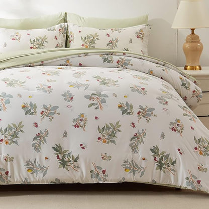 EMME Twin Comforter Set - Sage Green Floral Bedding Set 5 PCS with Flowers Leaves Pattern, Soft Plant Printed Botanical Bed Set with Sheets, Fluffy Bed Bag for All Season(68"X90")