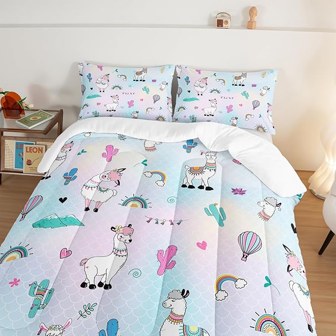 HOSIMA 3 Piece Cartoon Animal Llama Comforter,Cute Alpaca Toddler Comforter,Desert Cactus Plant King Size Comforter Set for Adults Kids,Fish Scales Comforter Rainbow Bedding Sets for Girls Boys.