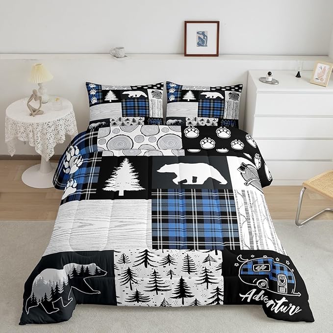 Bear Paws Comforter Set Full Size,Pine Trees Geometric Plaids Patchwork Bedding Set for Kids Boys Girls Adults Room Decor,Hunting Adventure Down Comforter,Blue Rustic Duvet Insert,2 Pillowcases