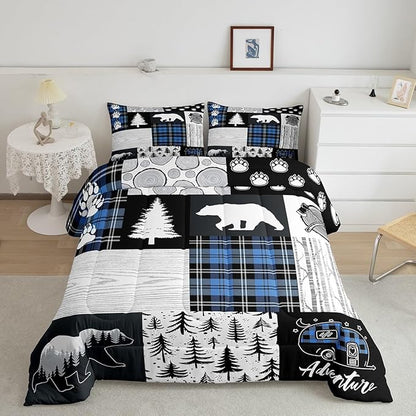 Bear Paws Comforter Set King Size,Pine Trees Geometric Plaids Patchwork Bedding Set for Kids Boys Girls Adults Room Decor,Hunting Adventure Down Comforter,Blue Rustic Duvet Insert,2 Pillowcases