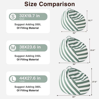 EXQ Home Kids Bean Bag Chairs Cover -Stuffed Animal Bean Bag Storage Green and White Stripes-Zipper Bean Bag for Organizing Children Plush Toys Holiday Gift for Girl,Boys (2XL)