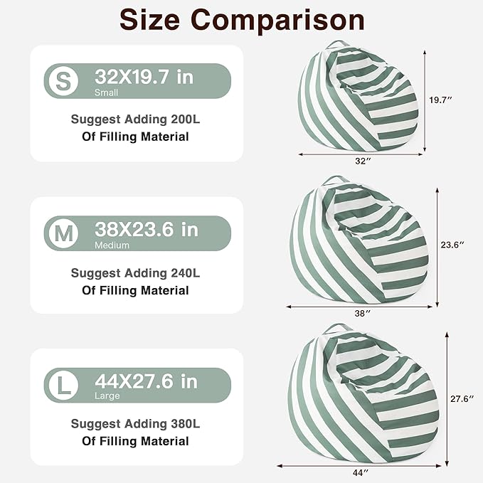 EXQ Home Kids Bean Bag Chairs Cover -Stuffed Animal Bean Bag Storage Green and White Stripes-Zipper Bean Bag for Organizing Children Plush Toys Holiday Gift for Girl,Boys (XL)