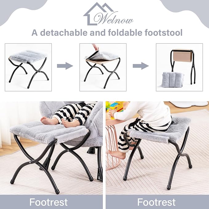 Welnow Toddler Kids Lazy Chair with Ottoman, Accent Comfy Lounge Children Armchair Couch with Armrest and Removable Cover, Detachable Reading Chair with Footrest for Boy or Girl, Plush Grey
