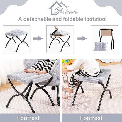Welnow Toddler Kids Lazy Chair with Ottoman, Accent Comfy Lounge Children Armchair Couch with Armrest and Removable Cover, Detachable Reading Chair with Footrest for Boy or Girl, Plush Grey