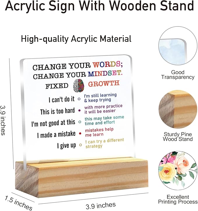 Growth Mindset Gift Change Your Words Change Your Mindset Clear Desk Decorative Sign Keepsake Present Positive Acrylic Plaque with Wooden Stand Sign Desk Decor for Home Office