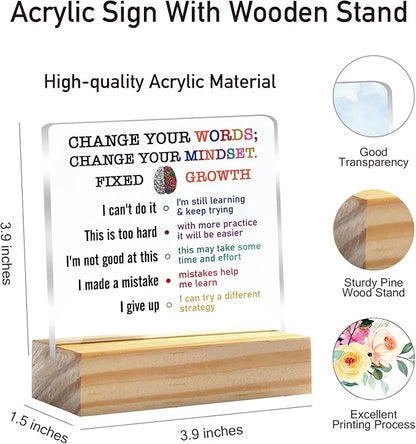 Growth Mindset Gift Change Your Words Change Your Mindset Clear Desk Decorative Sign Keepsake Present Positive Acrylic Plaque with Wooden Stand Sign Desk Decor for Home Office