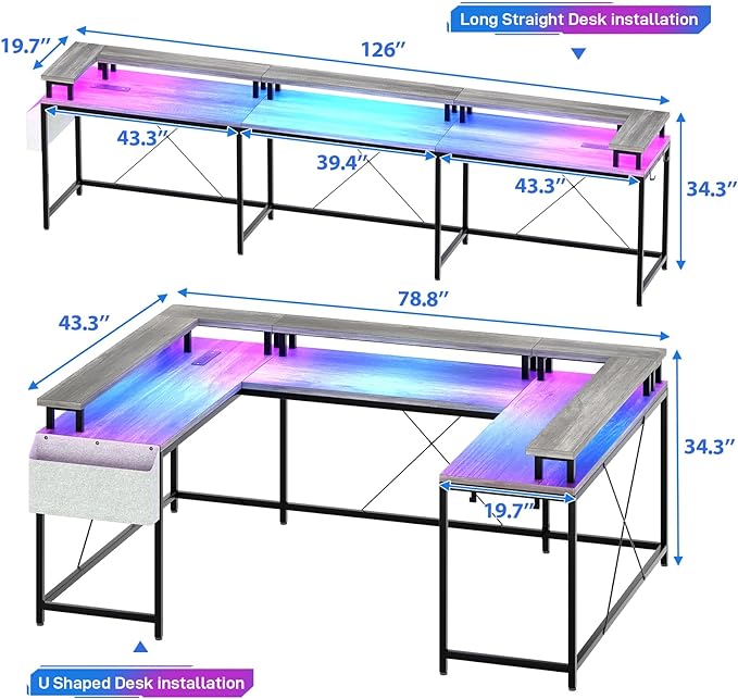 U Shaped Computer Gaming Desk, Reversible L Shaped Desk with Power Outlets, LED Strip & Monitor Stand, Large Corner Desk with Storage Shelves for Home Office, Grey Oak