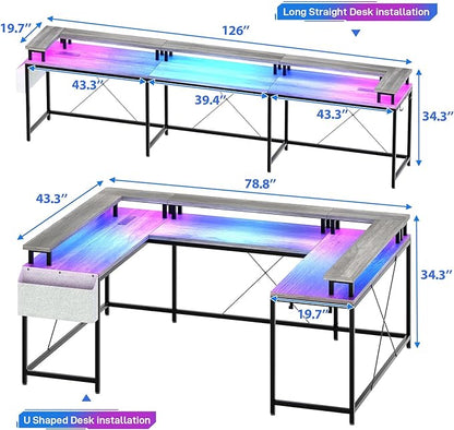 U Shaped Computer Gaming Desk, Reversible L Shaped Desk with Power Outlets, LED Strip & Monitor Stand, Large Corner Desk with Storage Shelves for Home Office, Grey Oak
