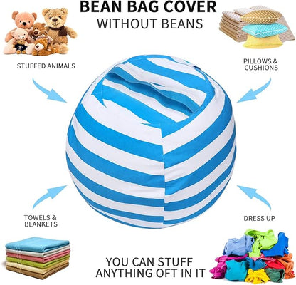 2 PCS Stuffed Animal Storage Bean Bag Chair Cover, Cotton Canvas Beanbag with Zipper for Organizing Kid's and Adults Room Blue 24"