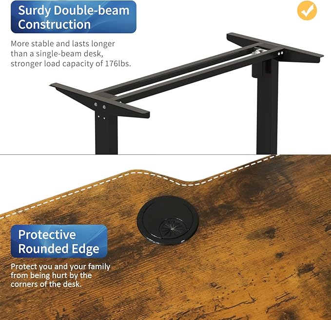 Adjustable Height L-Shaped Electric 59 Inch Sit-Stand Computer Desk with 3 Splice Boards, Lockable Casters-Ideal for Home Office, 59Inch, Rustic Brown