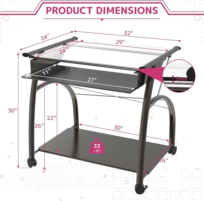 Acme Vincent Glass Top Computer Cart with Pull-out Keyboard in Pewter