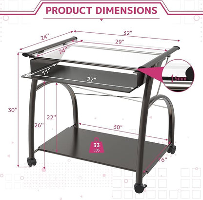 Acme Vincent Glass Top Computer Cart with Pull-out Keyboard in Pewter