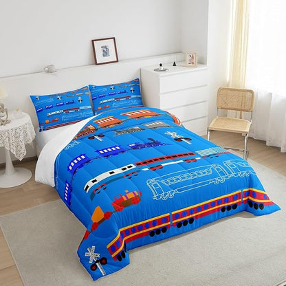 Erosebridal Train Twin Comforter Set for Boys,Cartoon Car Bedding Set for Kids Boys Girls Toddler,Vintage Car Down Comforter,Retro Steam Railway Rail Traffic Light Duvet Set Bedroom Decor,Blue 2Pcs