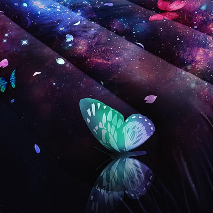 Butterfly Comforter Set for Girls Women,Colorful Butterflies in Space Galaxy Printed Black Bedding Set with 2 Pillowcases(Butterfly Galaxy Twin)