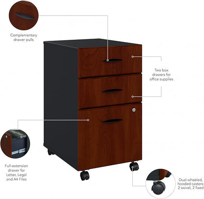 Bush Business Furniture Series A 3 Drawer Mobile File Cabinet in Hansen Cherry & Galaxy - Assembled, Rolling Document Storage for Home or Professional Office