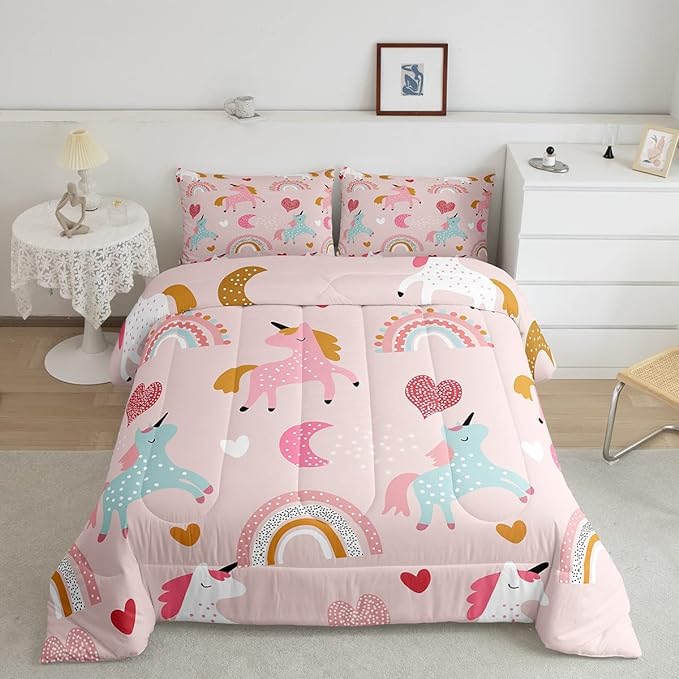 Feelyou Unicorn Comforter Set Kids Cute Cartoon Unicorns Decor Comforter for Girls Pink Bedding Set Rainbow Duvet Set King Size Quilt Boys